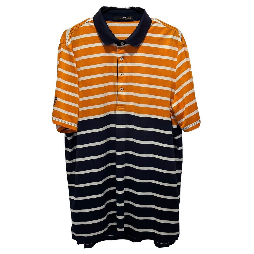 RLX‎ Ralph Lauren Men's Golf Polo Shirt Orange & Navy Blue Striped Colorblock XL